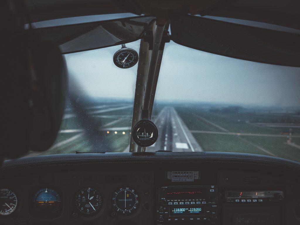 Pilot's view landing an aircraft